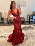 Deep V Neck Pink Sequins Mermaid Long Prom Dresses