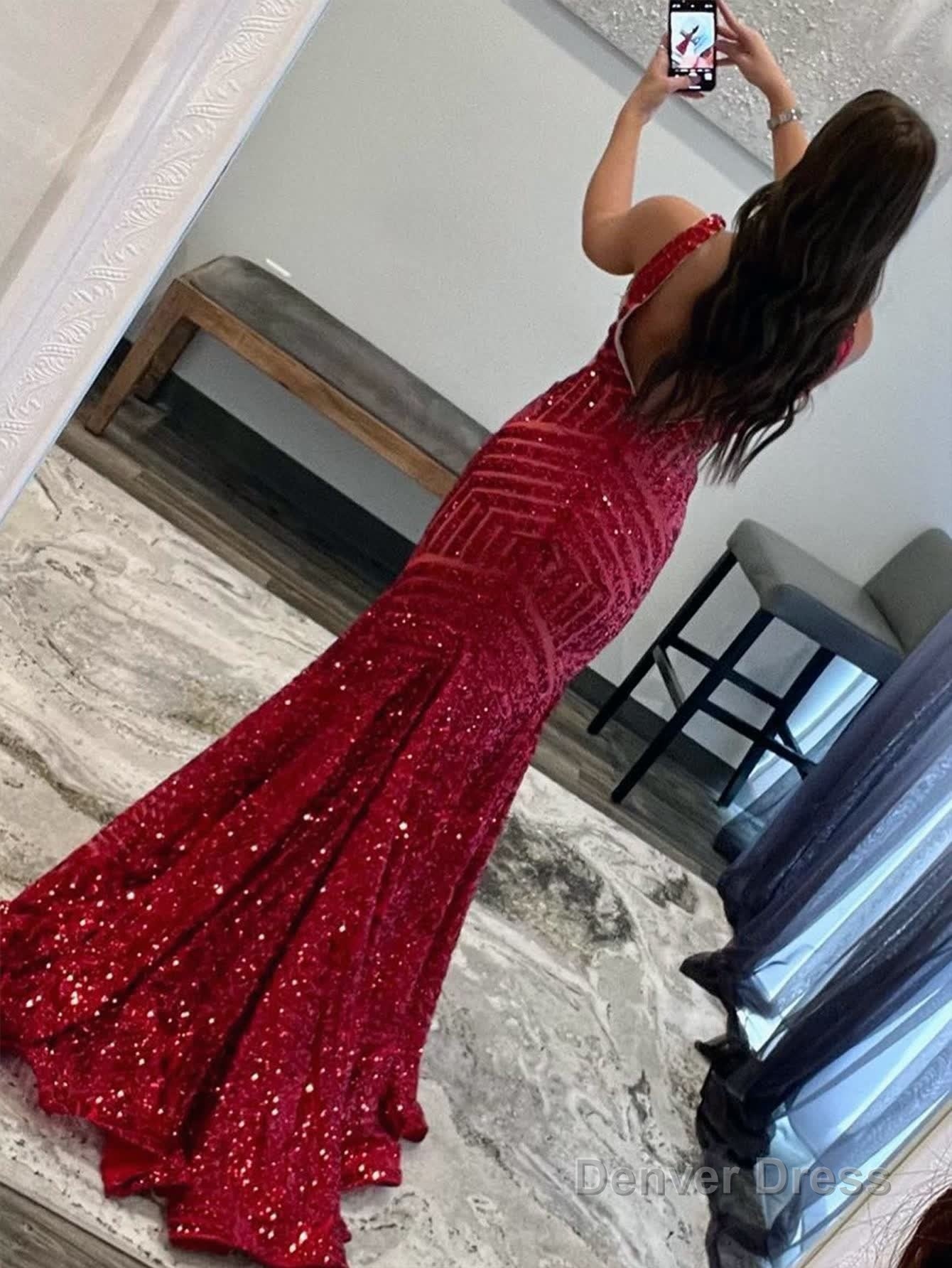Deep V Neck Pink Sequins Mermaid Long Prom Dresses