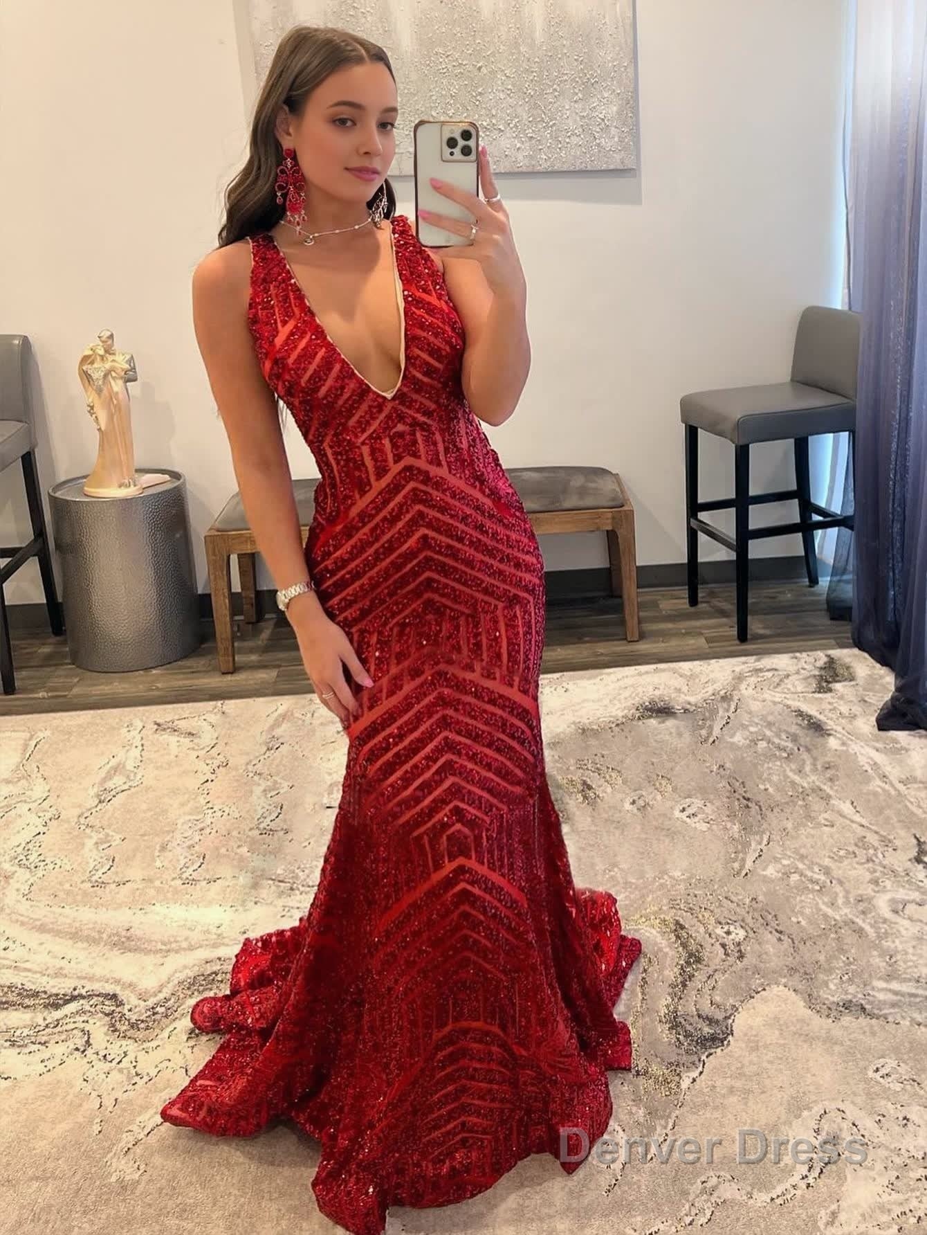 Deep V Neck Pink Sequins Mermaid Long Prom Dresses