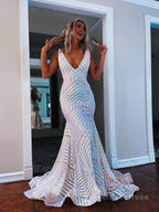 Deep V Neck Pink Sequins Mermaid Long Prom Dresses