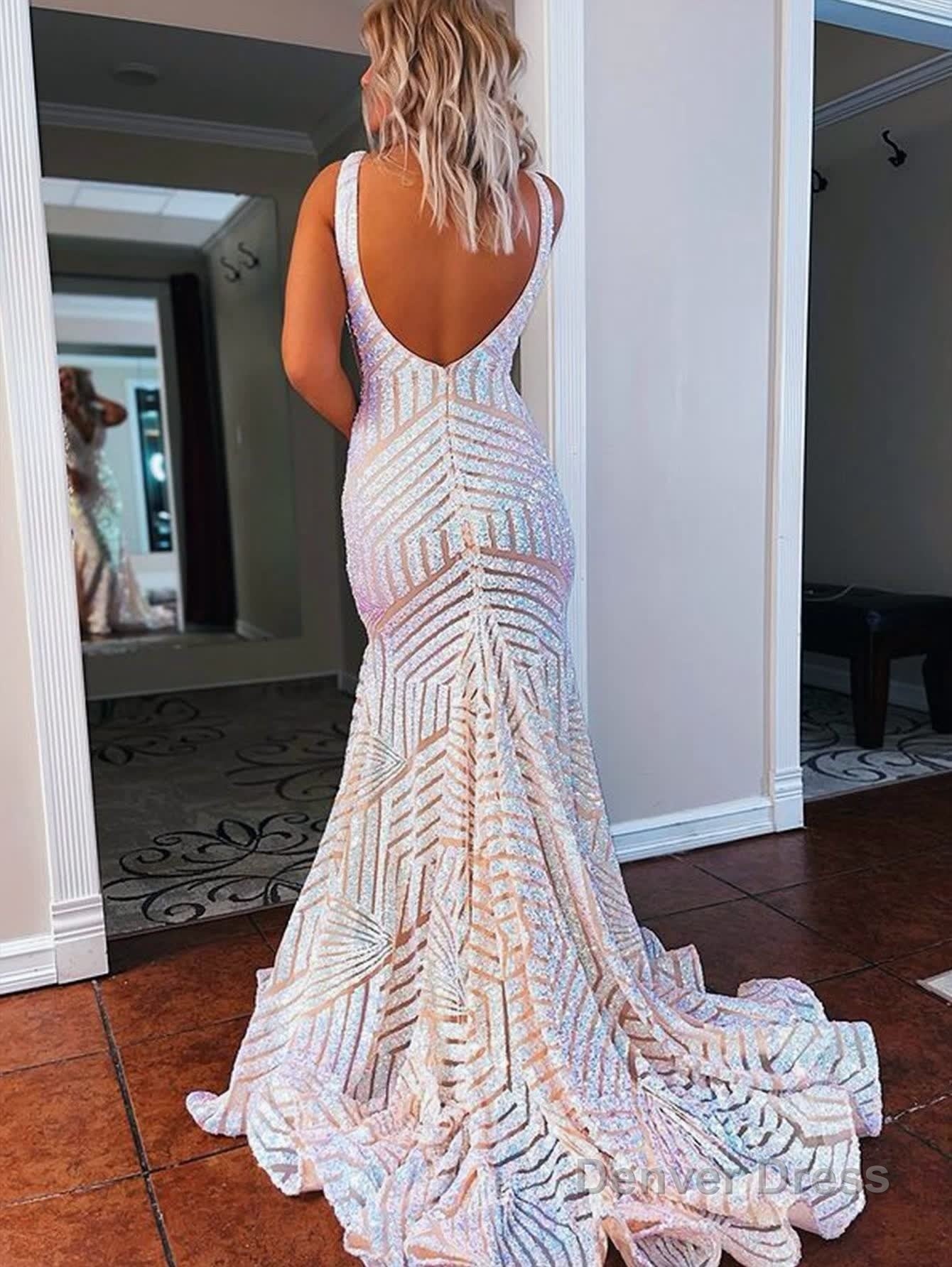 Deep V Neck Pink Sequins Mermaid Long Prom Dresses