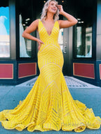 Deep V Neck Pink Sequins Mermaid Long Prom Dresses