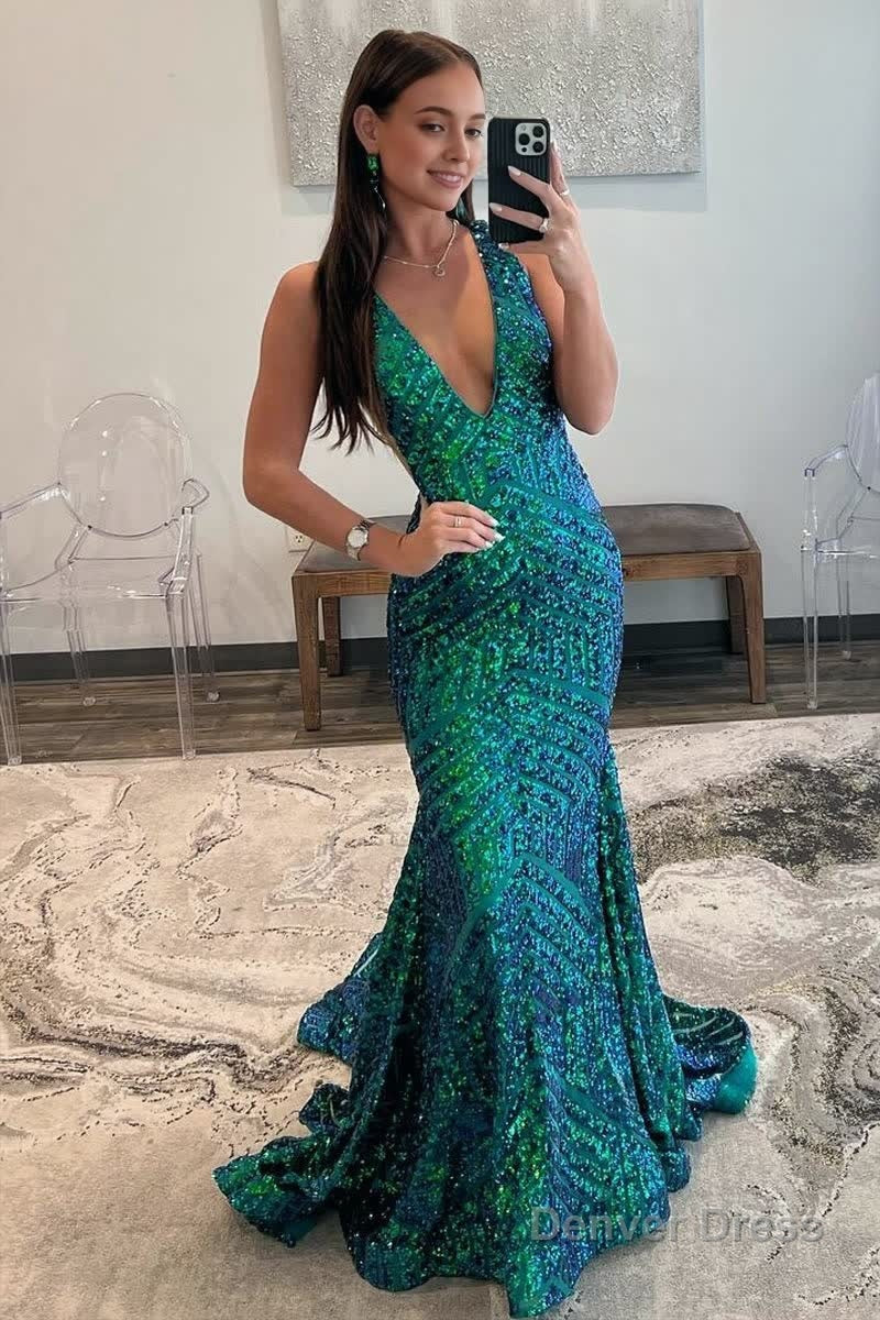 Deep V Neck Pink Sequins Mermaid Long Prom Dresses