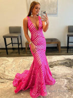 Deep V Neck Pink Sequins Mermaid Long Prom Dresses