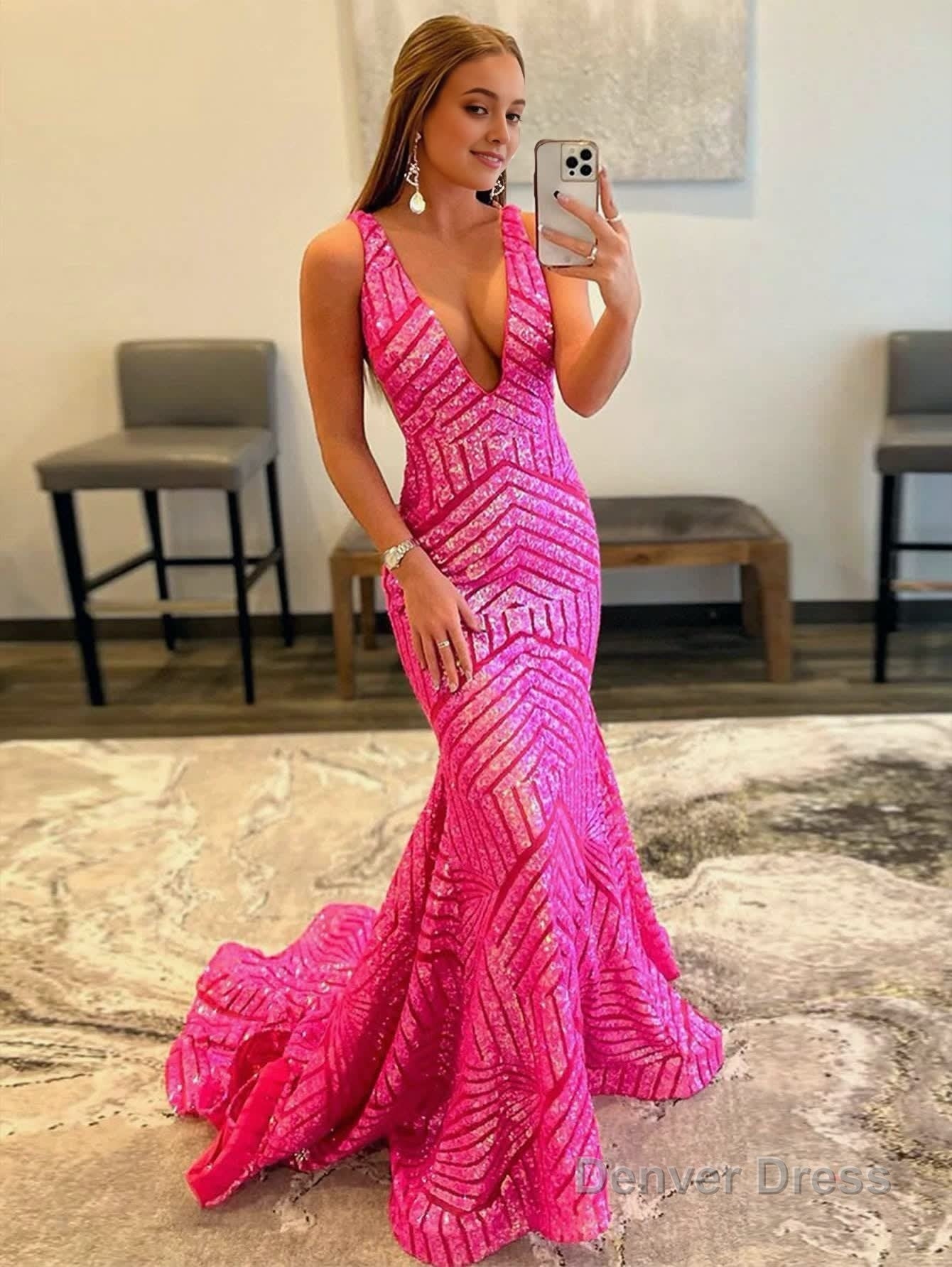 Deep V Neck Pink Sequins Mermaid Long Prom Dresses