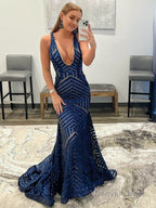 Deep V Neck Pink Sequins Mermaid Long Prom Dresses