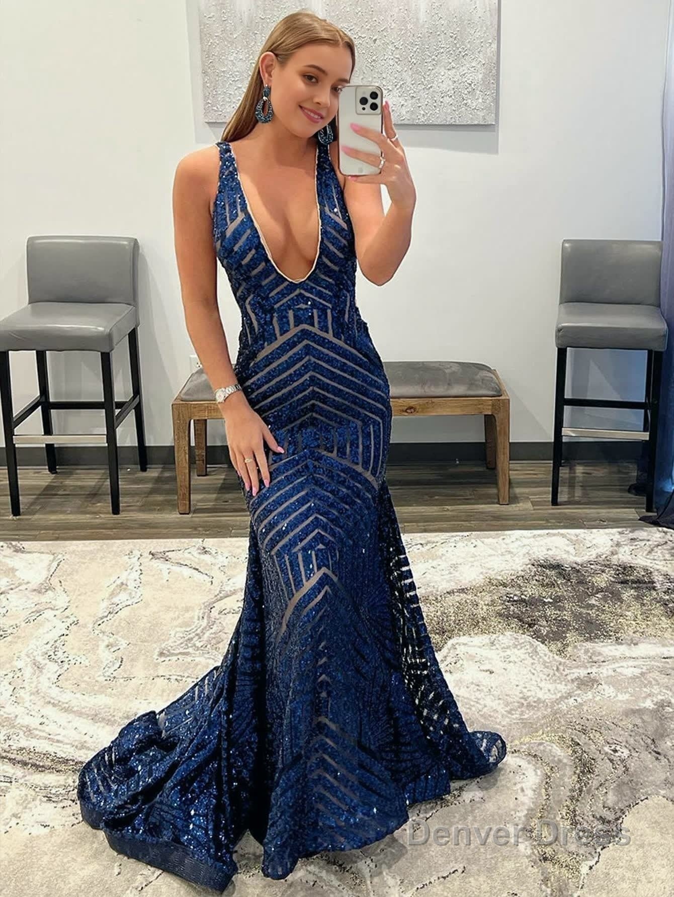 Deep V Neck Pink Sequins Mermaid Long Prom Dresses