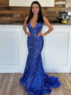 Deep V Neck Pink Sequins Mermaid Long Prom Dresses
