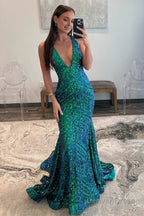 Deep V Neck Pink Sequins Mermaid Long Prom Dresses