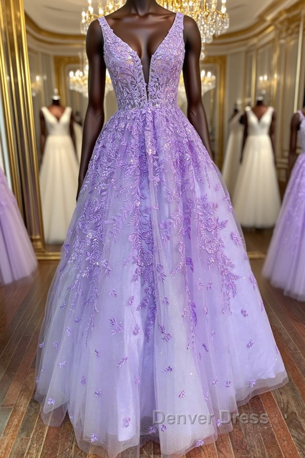 Deep V Neck Purple Lace Long Prom Dress, Purple Lace Prom Dress, Purple Prom Dresses Main image