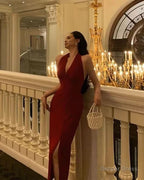 Deep V Neck Red Sheath Long Prom Dress With Slit Halter Prom Dresses