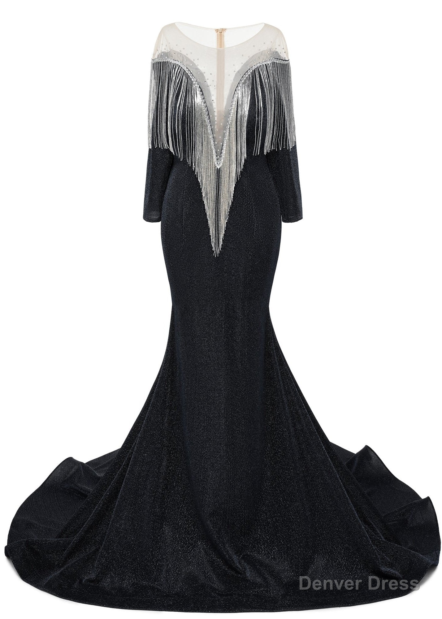 Deep V-neck Shiny Black Prom Dresses Long sleeves Mermaid Evening Party Dresses Main image