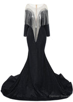 Deep V Neck Shiny Black Prom Dress Long sleeves Mermaid Prom Dresses