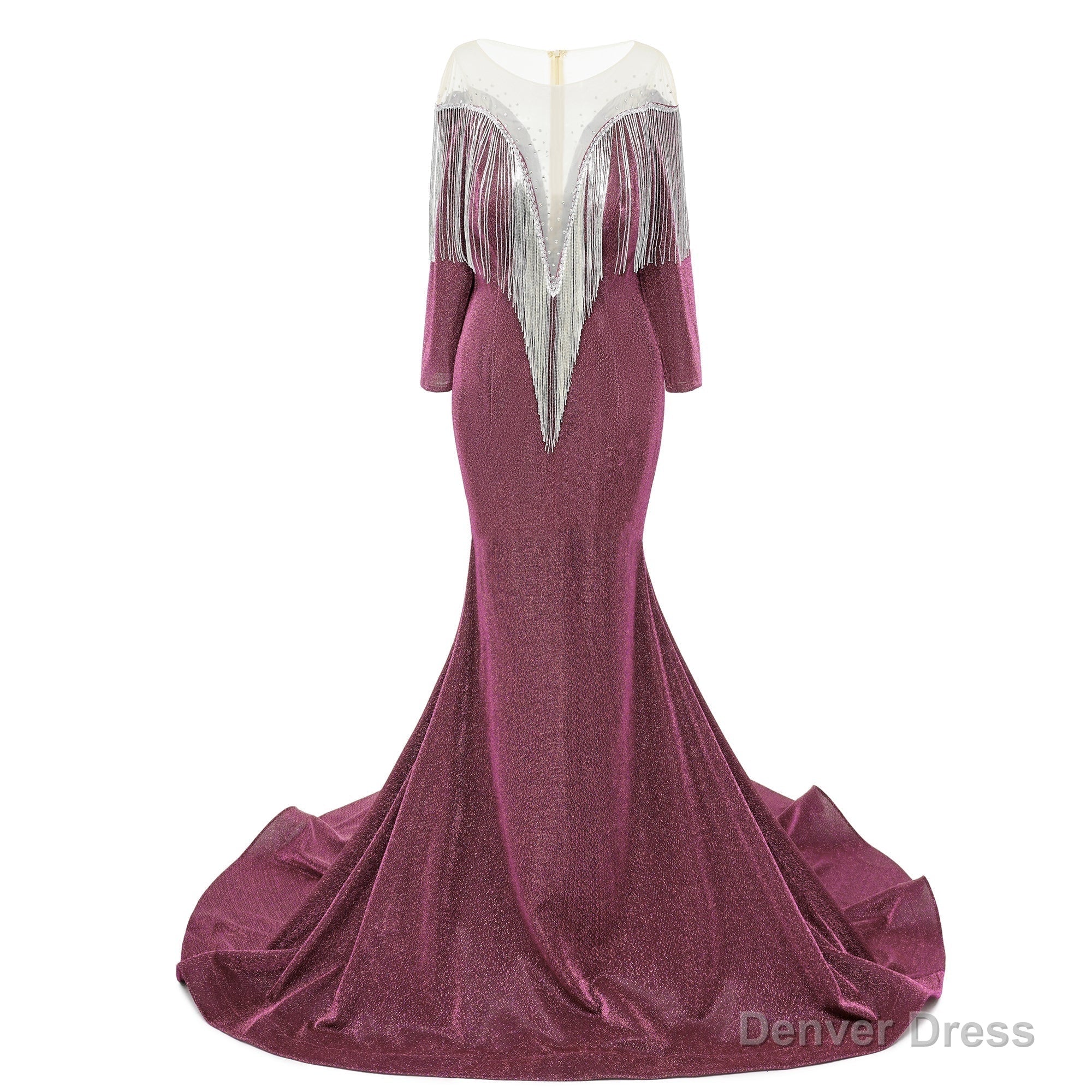 Deep V-neck Shiny Dark Rose Prom Dresses Long sleeves Mermaid Evening Party Dresses Main image