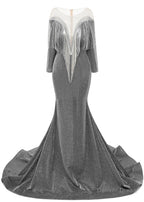 Deep V Neck Shiny Gray Prom Dress Long sleeves Mermaid Prom Dresses