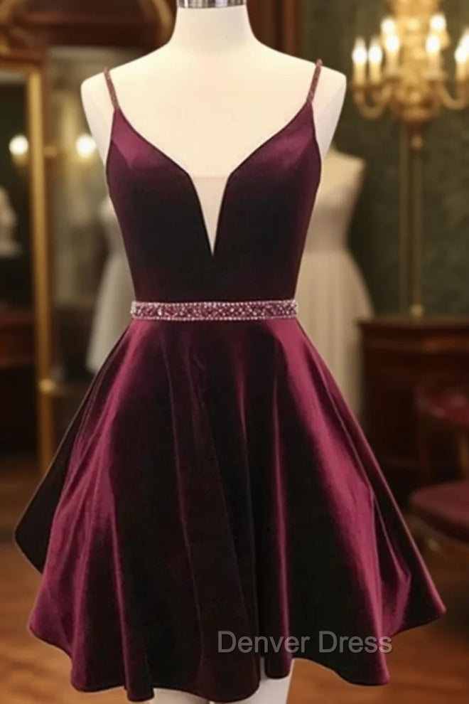 Deep V Neck Short Burgundy Prom Dresses, Deep V Neck Short Burgundy Formal Homecoming Dresses