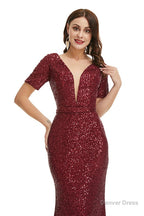 Deep V Neck sleeveless Sparkly Sequin Fishtail Prom Dresses