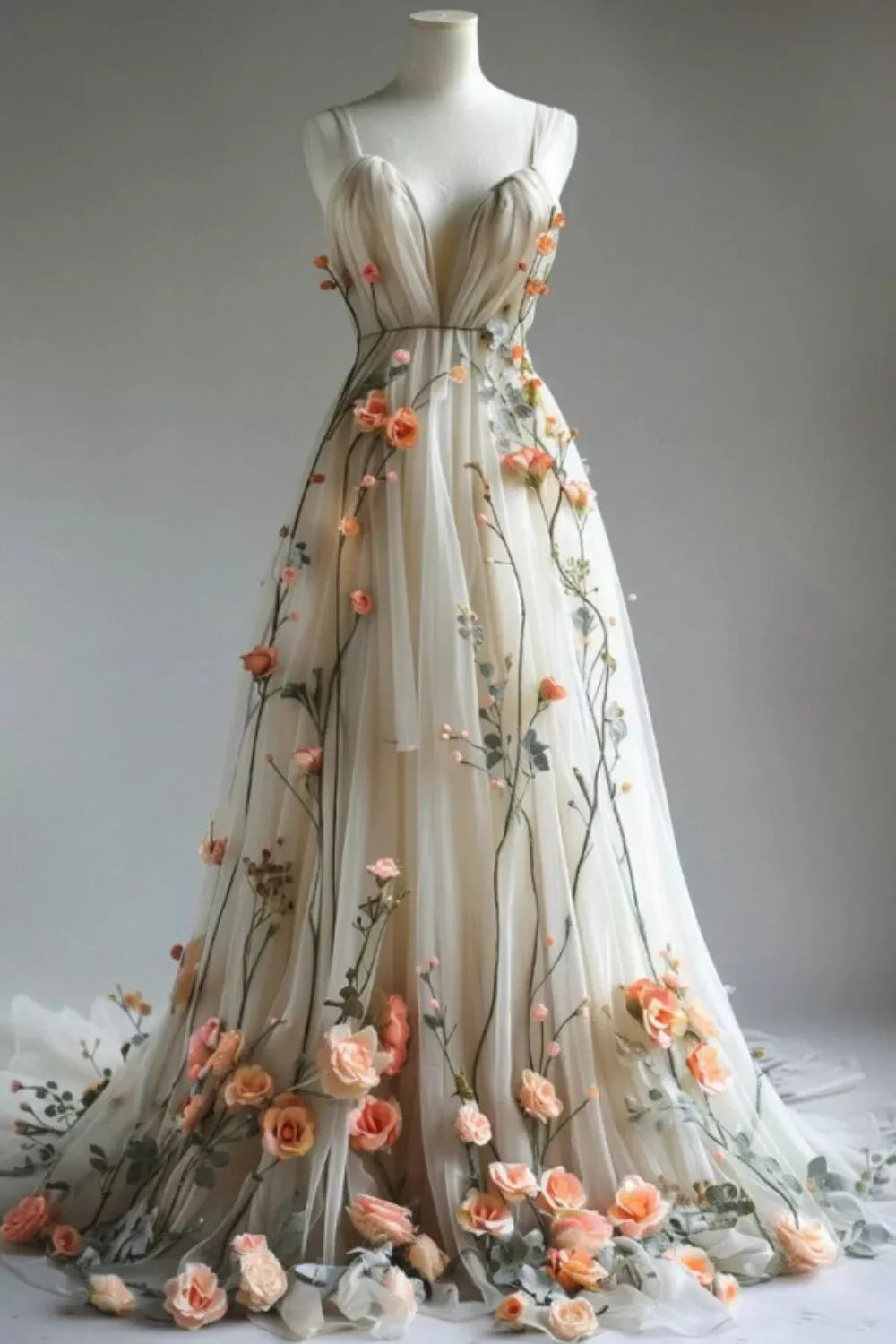 Deep V Neck Wedding Dresses 3D Flowers Appliques Tulle A-Line Prom Gown Main image