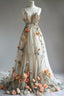 Deep V Neck Wedding Dresses 3D Flowers Appliques Tulle A-Line Prom Gown