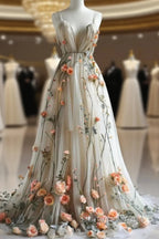 Deep V Neck Wedding Dresses 3D Flowers Appliques Tulle A Line Prom Gown