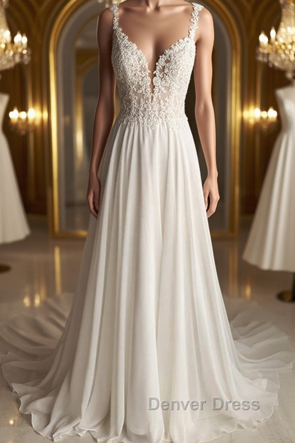 Deep V Neck White Lace Long Prom Dress, Long White Prom Dress, White Lace Prom Dress, White Bridesmaid Dresses Main image