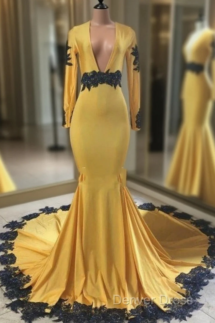 Deep V Neck Yellow Prom Dresses Black Lace Applique Evening Gown Main image