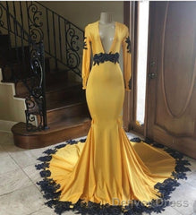 Deep V Neck Yellow Prom Dresses Black Lace Applique Evening Gown