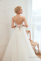 Deep V See Through Neck Bridal Dresses Spaghetti Straps Fairy Tulle Wedding Gown