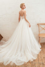 Deep V See Through Neck Bridal Dresses Spaghetti Straps Fairy Tulle Wedding Gown