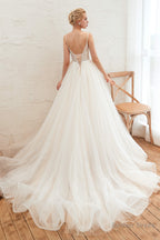 Deep V See Through Neck Bridal Dresses Spaghetti Straps Fairy Tulle Wedding Gown