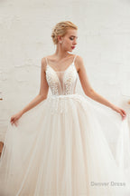 Deep V See Through Neck Bridal Dresses Spaghetti Straps Fairy Tulle Wedding Gowns