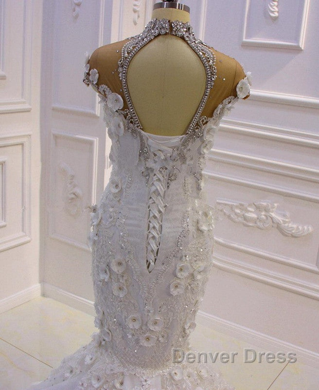 Delicate Sleeveless Beading Sheer Tulle Appliques Mermaid Sparkling Wedding Dresses