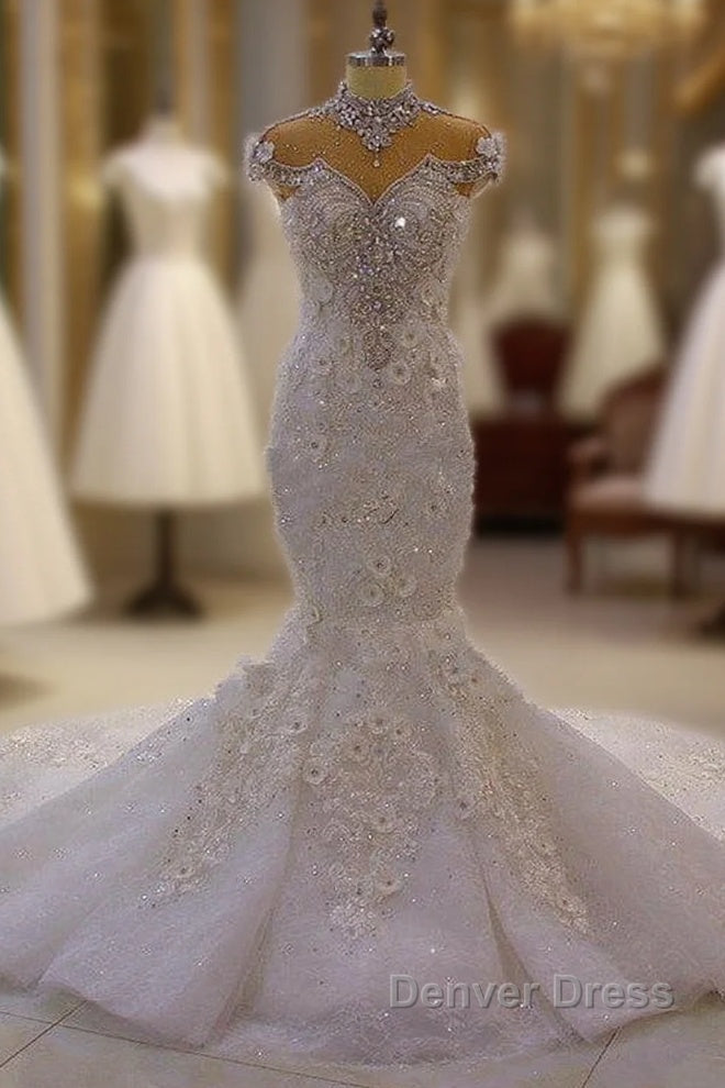 Delicate Sleeveless Beading Sheer Tulle Appliques Mermaid Sparkling Wedding Dresses Main image