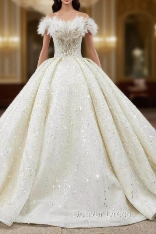 Demand Attention In Luxury Champagne Ball Gown Tulle Beading Sequins Off the Shoulder Wedding Dresses Main image