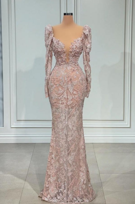 Designer Pink V-Neck Lace Mermaid Prom Dress Evening Gowns With Long Sleeves Main image