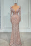 Designer Pink V-Neck Lace Mermaid Prom Dress Evening Gowns With Long Sleeves