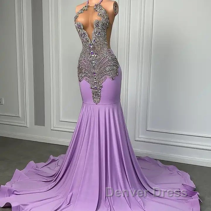 Long Lilac Sleeveless Halter Mermaid Prom Dresses With Beadings