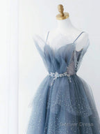 Gorgeous Blue Sparkly Tulle Beaded Prom Dresses, Tiered Prom Gowns with Rhinestone