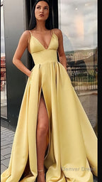 Different Colors A Line Satin Sleeveless Spaghetti Straps Slit Prom Dresses