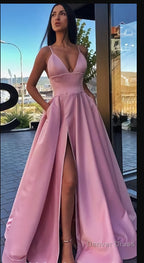 Different Colors A Line Satin Sleeveless Spaghetti Straps Slit Prom Dresses