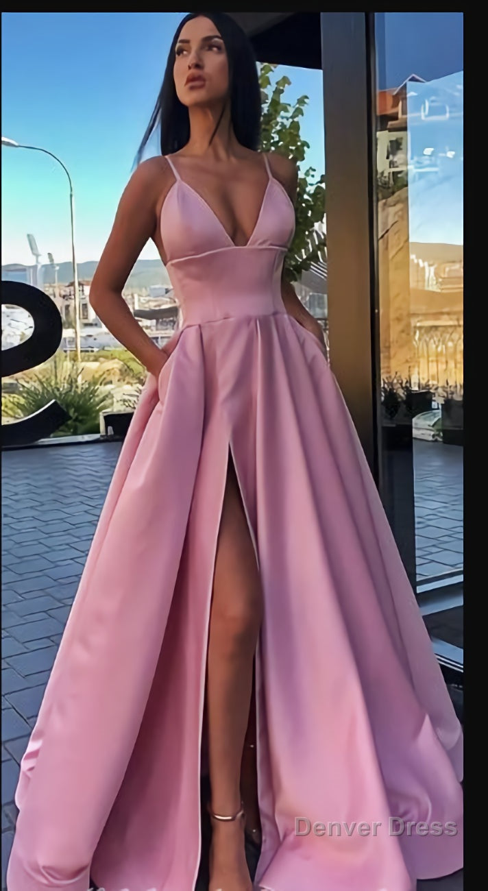 Different Colors A Line Satin Sleeveless Spaghetti Straps Slit Prom Dresses