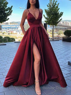 Different Colors A Line Satin Sleeveless Spaghetti Straps Slit Prom Dresses