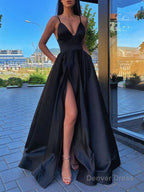 Different Colors A Line Satin Sleeveless Spaghetti Straps Slit Prom Dresses