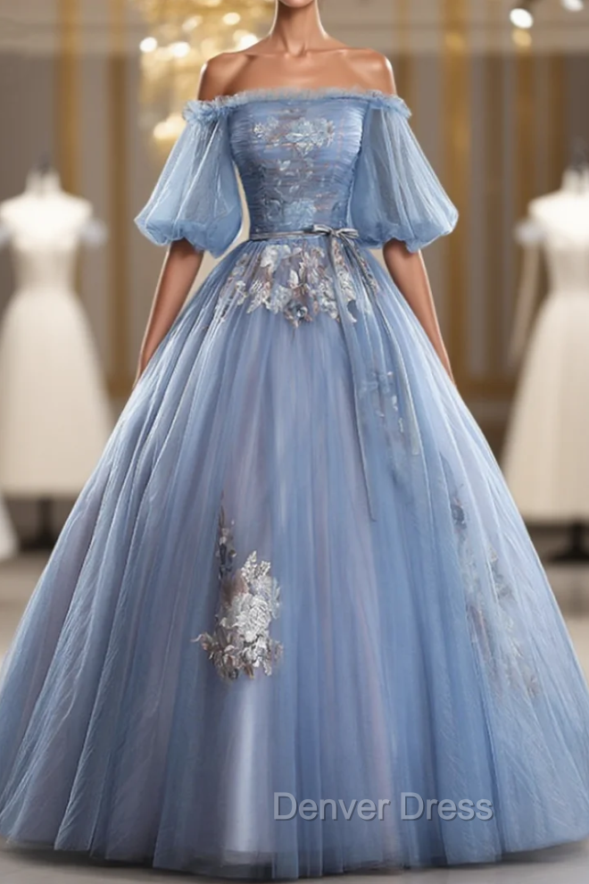 Discover The Latest Gray Blue Ball Gowns Tulle Puff Sleeve Appliques Quinceanera Dresses