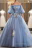 Discover The Latest Gray Blue Ball Gowns Tulle Puff Sleeve Appliques Quinceanera Dresses