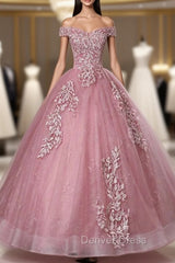 Discover The Latest Pink Ball Gown Tulle Appliques Off the Shoulder Pearls Quinceanera Dresses