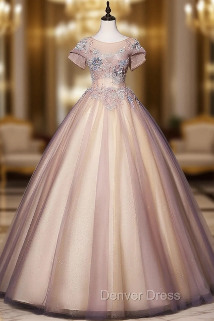 Discover The Latest Pink Ball Gowns Tulle Short Sleeve Appliques Pearls Quinceanera Dresses