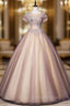 Discover The Latest Pink Ball Gowns Tulle Short Sleeve Appliques Pearls Quinceanera Dresses