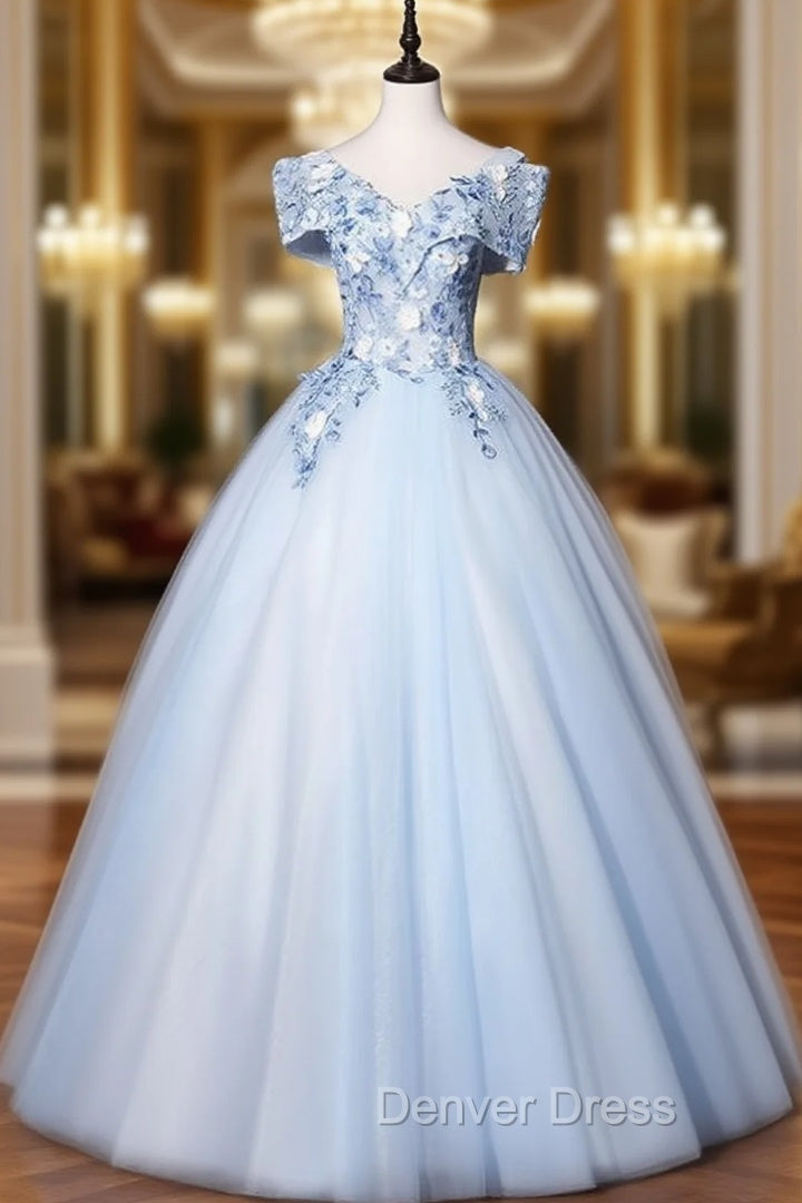 Discover The Latest Sky Blue Ball Gowns Tulle Appliques Off the Shoulder Quinceanera Dresses