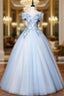 Discover The Latest Sky Blue Ball Gowns Tulle Appliques Off the Shoulder Quinceanera Dresses